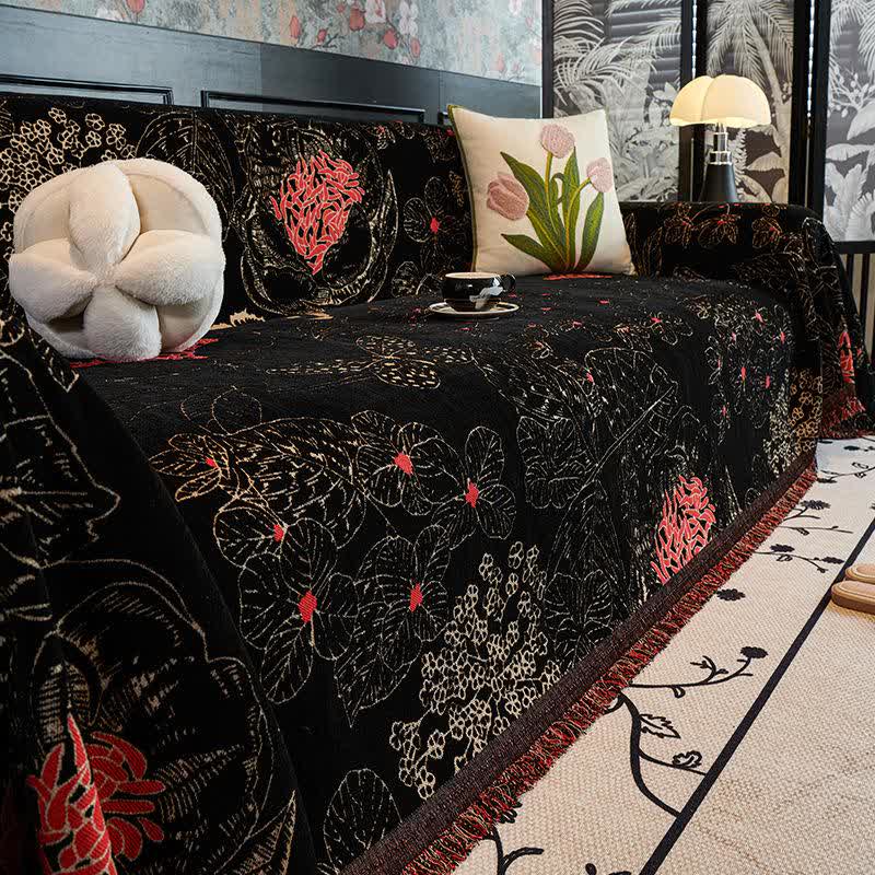 Rustic Floral Reversible Sofa Throw Blanket - Black - 71" x 134" - image 1