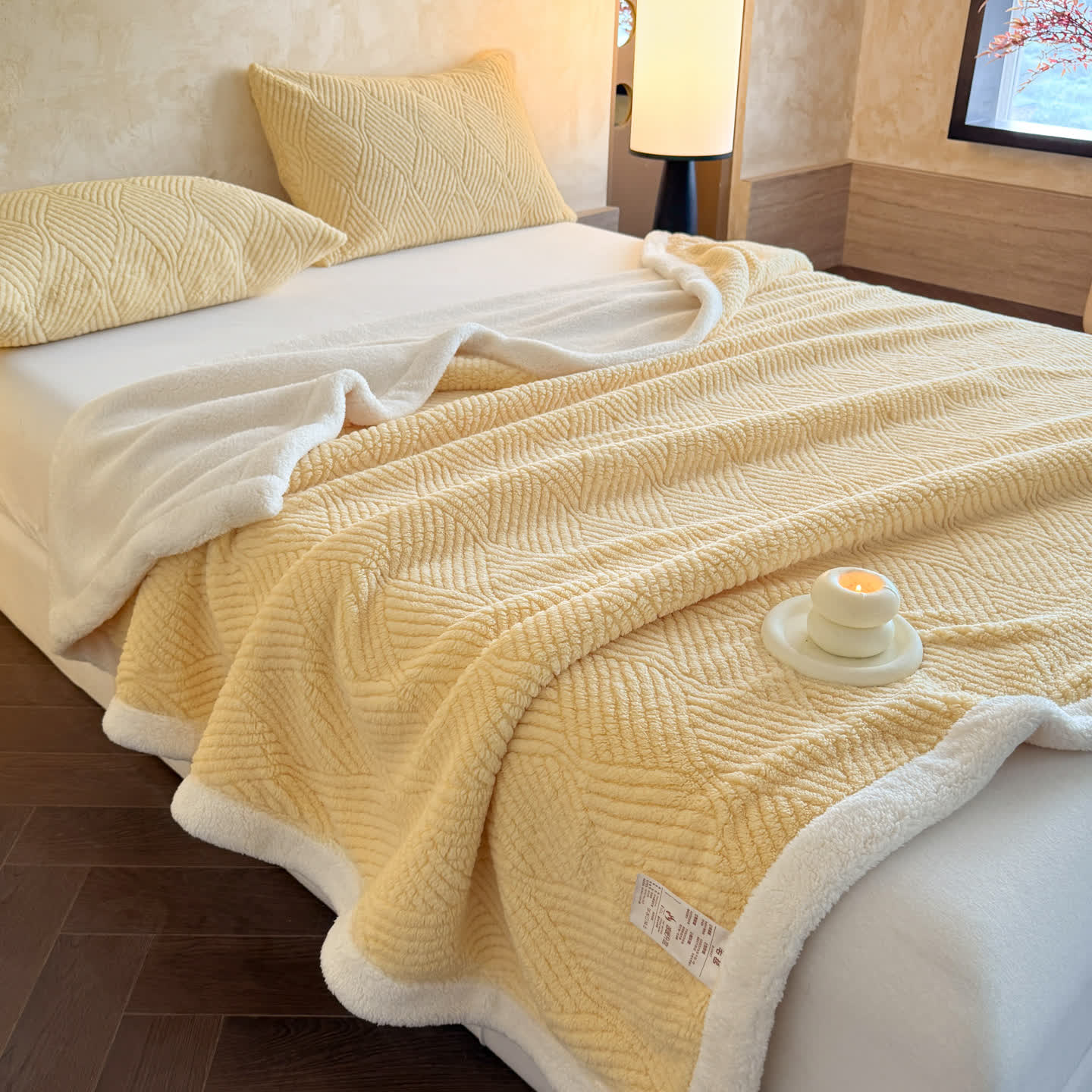 Reversible Warm Sherpa Throw Blanket - Light Yellow - 2PCS Pillowcases - 19" x 29" - image 14