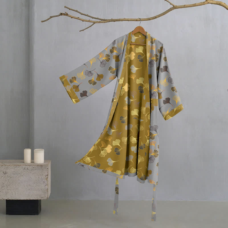 Ginkgo Biloba Cotton Gauze Kimono Robe - Light Grey - 2XL - image 3