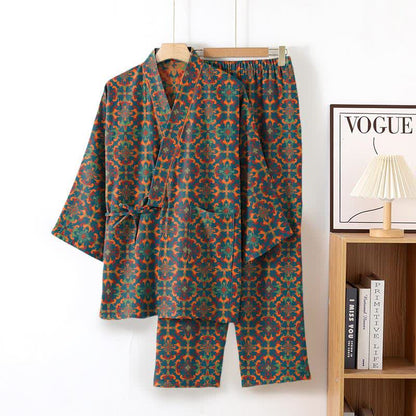 Geometric Pattern Cotton Kimono Loungewear Set - Blue - XL - image 2