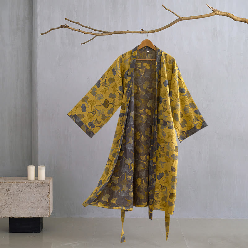 Ginkgo Biloba Cotton Gauze Kimono Robe - Light Yellow - XL - image 21