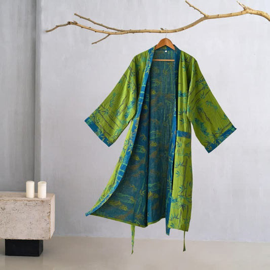 Two-Tone Bamboo Cotton Gauze Kimono Robe - Green - 2XL - image 0