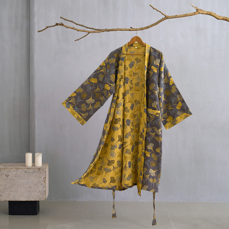 Ginkgo Biloba Cotton Gauze Kimono Robe - Dark Grey - XL - image 14