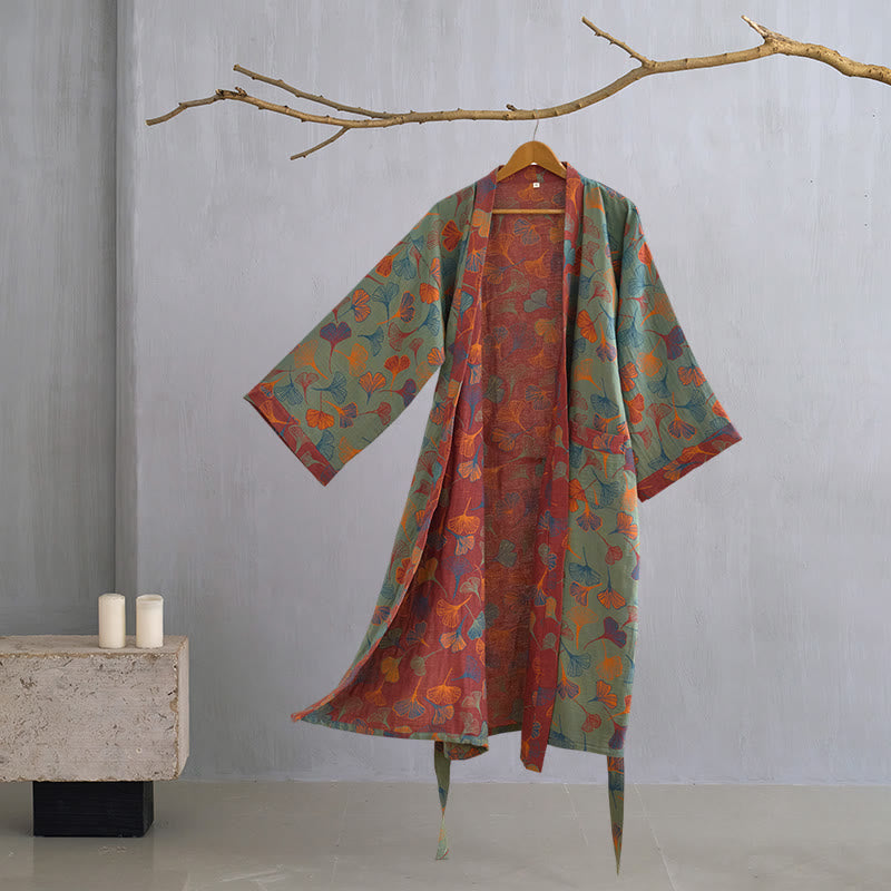 Ginkgo Biloba Cotton Gauze Kimono Robe - Dark Green - XL - image 9