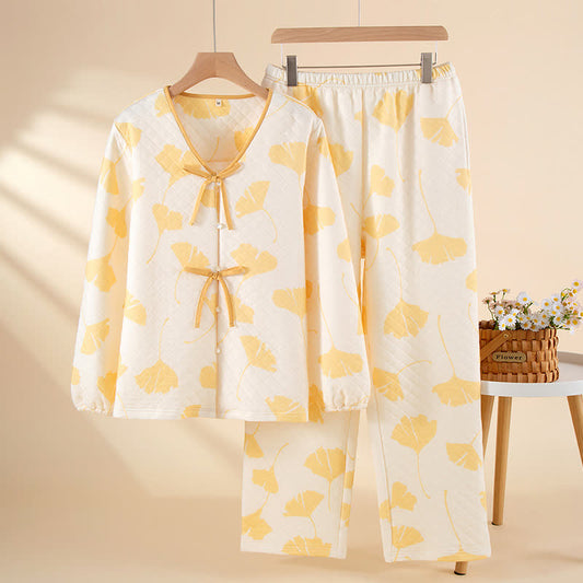 Ginkgo Leaf Cotton Warm Loungewear Set - Yellow - XL - image 1