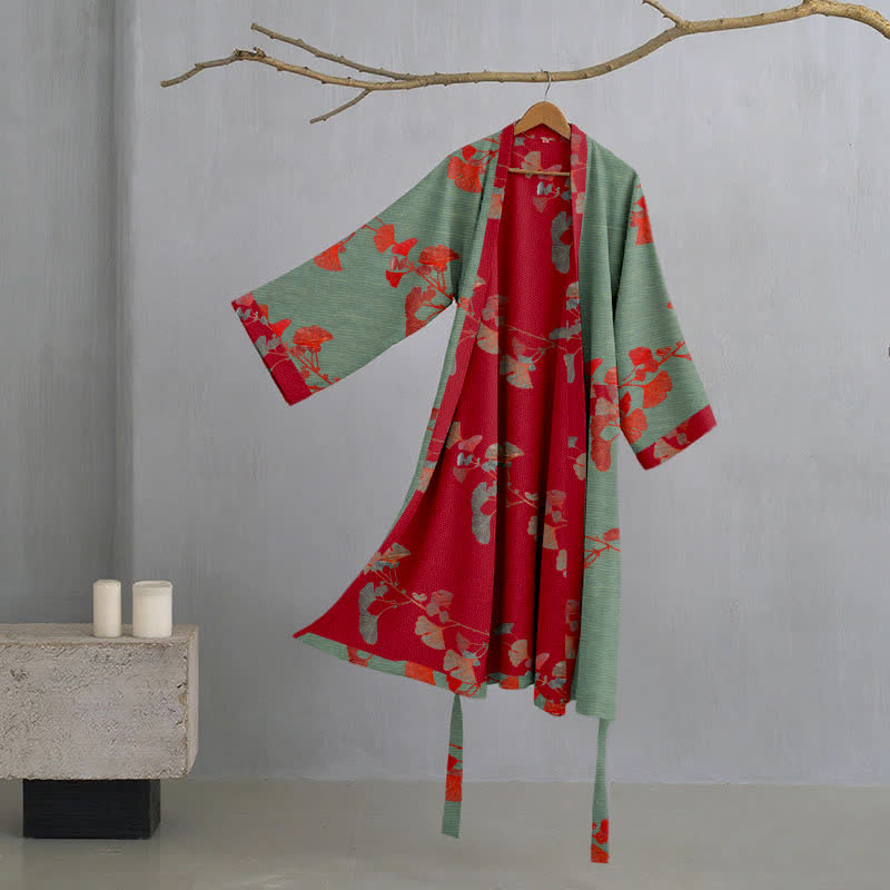 Ginkgo Leaf Organic Cotton Kimono Robe - Green & Red - 2XL - image 19
