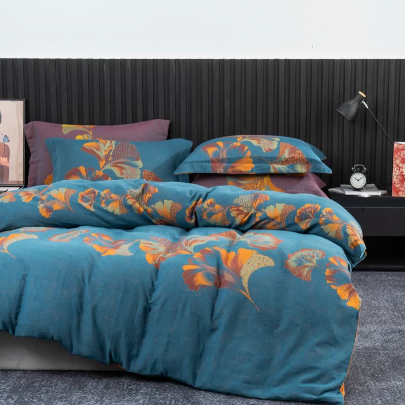 Ginkgo-inspired Cotton Gauze Bedding Set(4pcs) - Blue & Orange - King - image 14