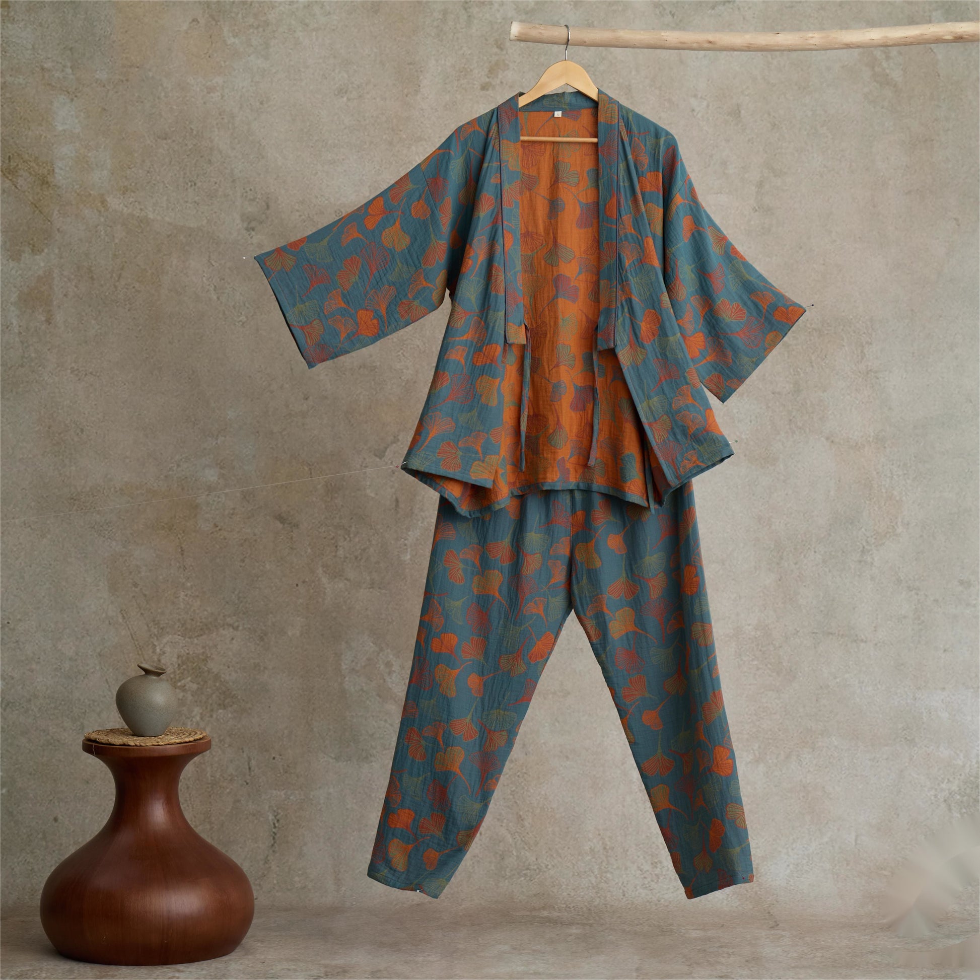 Ownkoti Ginkgo Cotton Gauze Kimono Loungewear Set - Blue - XL - image 6