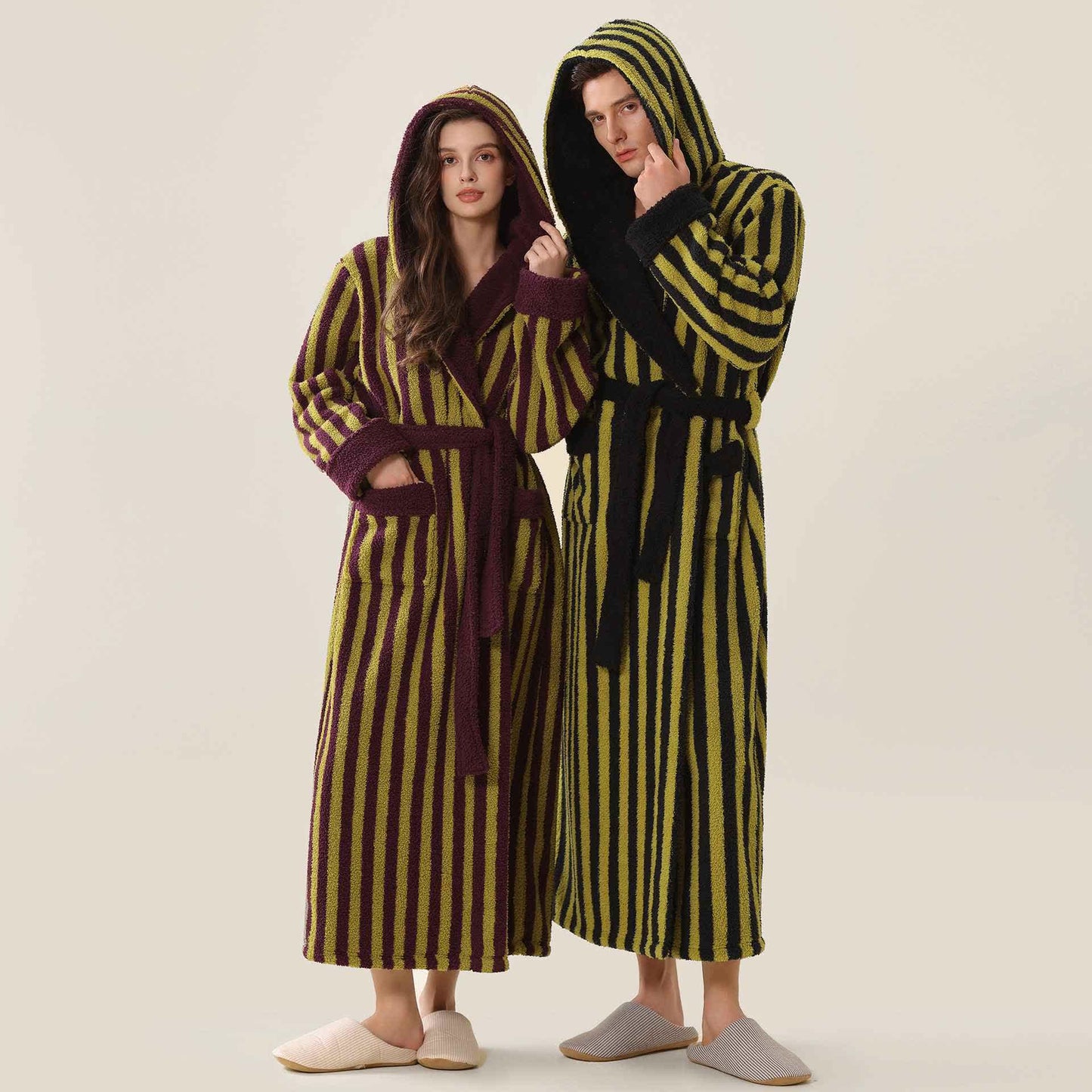 Ownkoti Unisex Striped Hooded Fleece Warm Robe - image 0