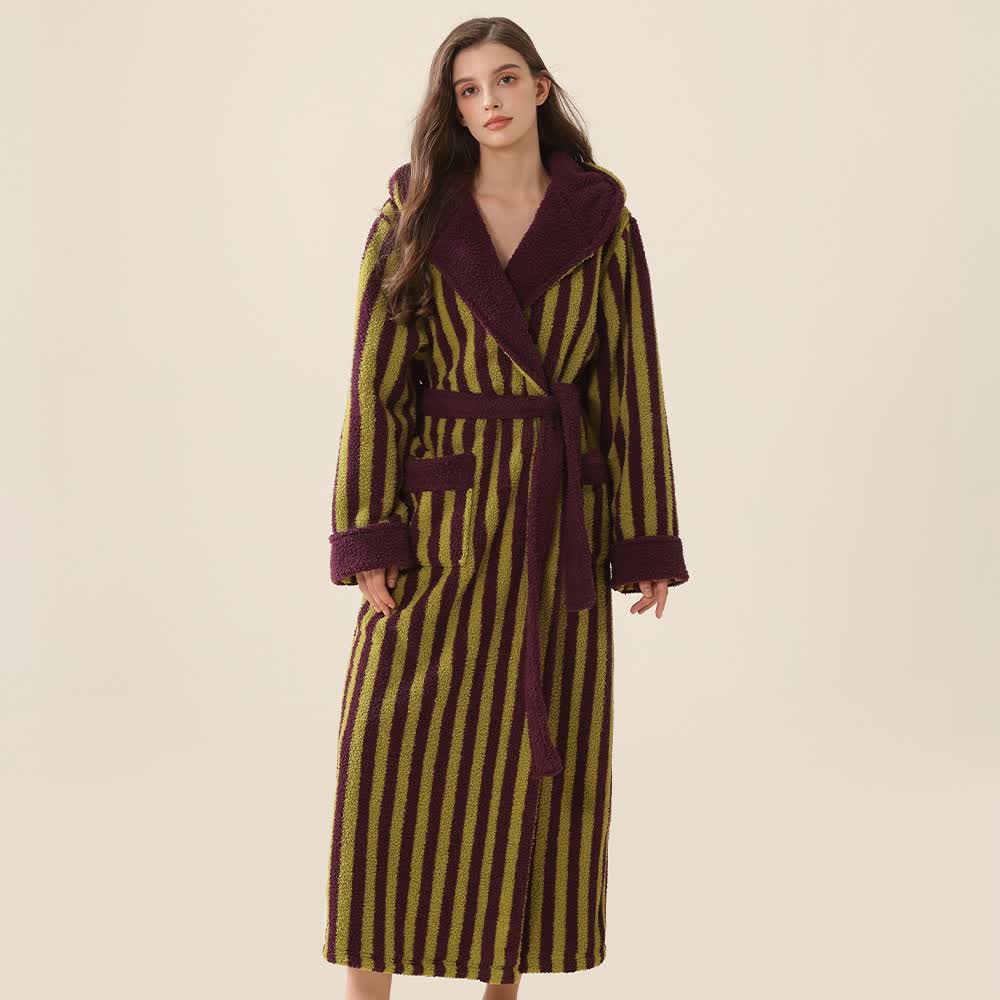 Ownkoti Unisex Striped Hooded Fleece Warm Robe - Purple & Green - XL - image 5