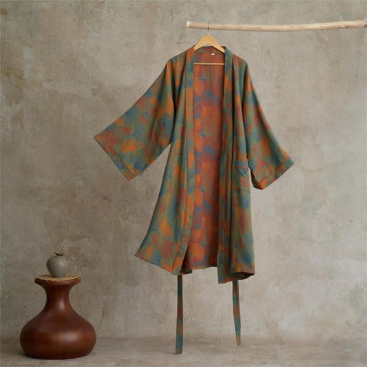 Ginkgo Leaf Print Cotton Kimono Robe - L - image 0