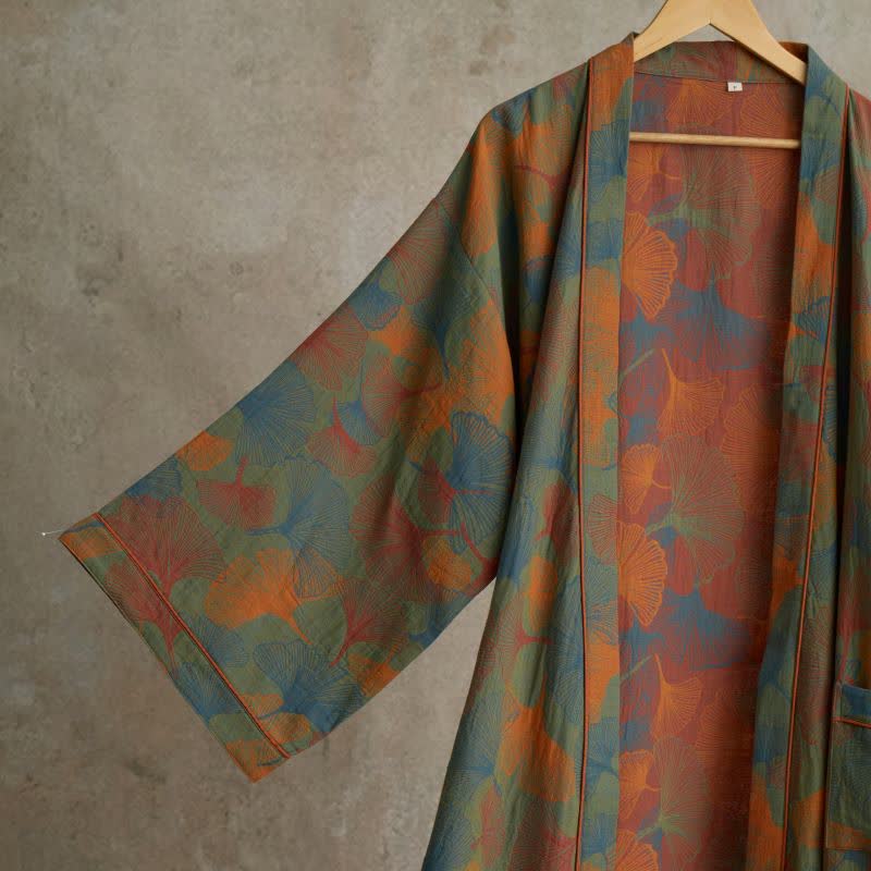 Ginkgo Leaf Print Cotton Kimono Robe - image 1