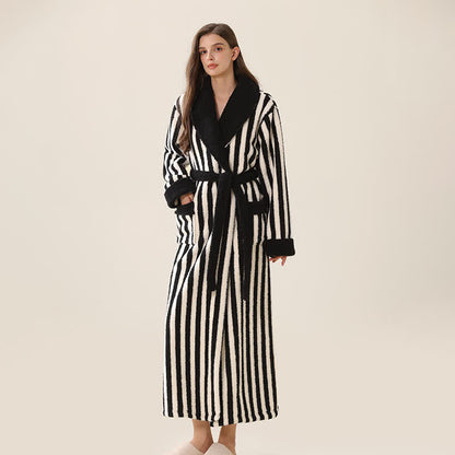 Unisex Striped Fleece Warm Long Robe - Black & White - XL - image 4