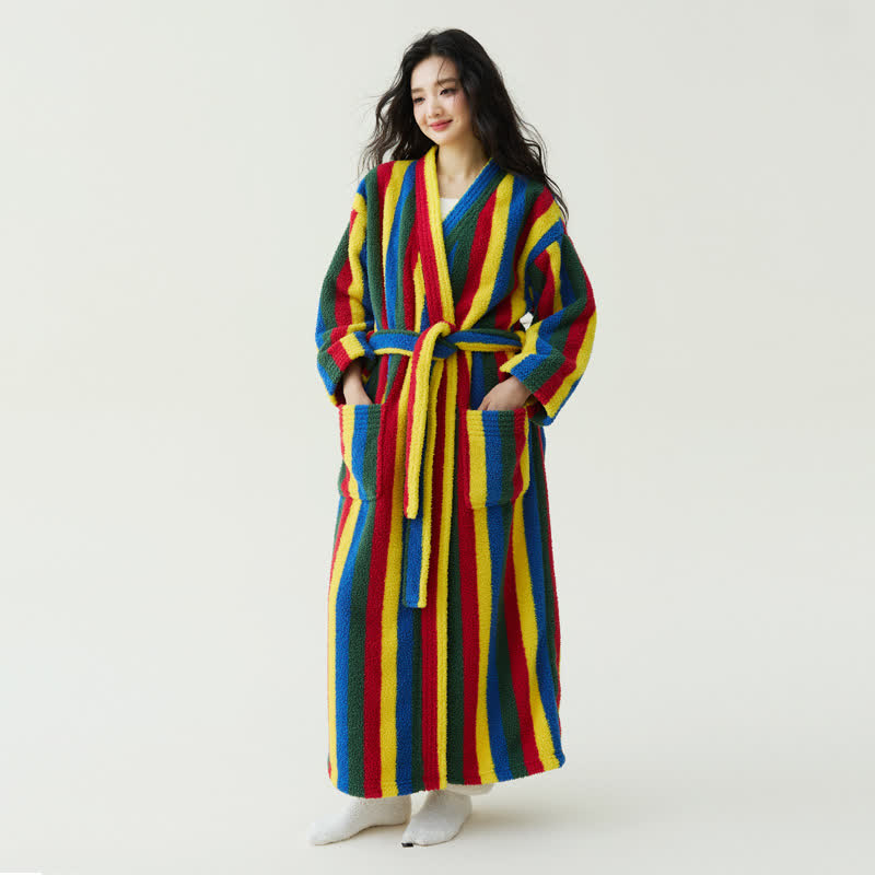 Contrast Stripe Plush Warm Robe - Multicolor - XL - image 1