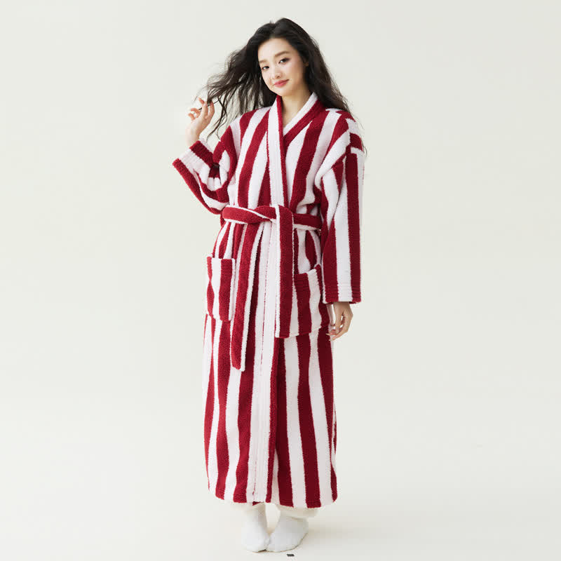 Contrast Stripe Plush Warm Robe - Red - XL - image 4