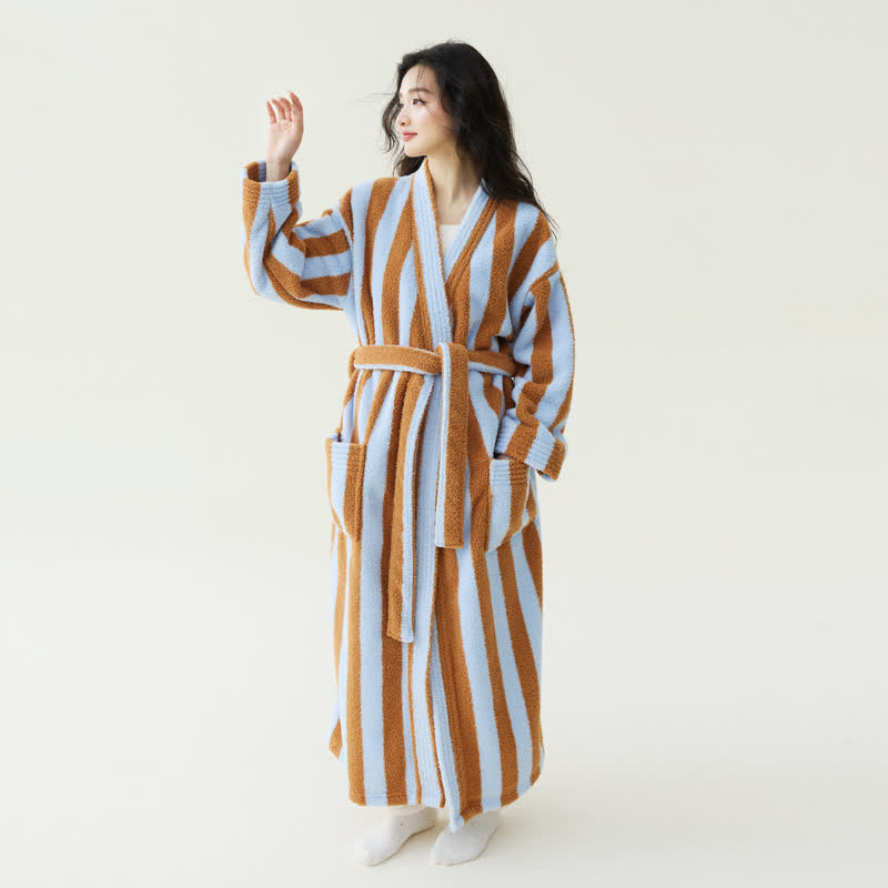 Contrast Stripe Plush Warm Robe - Light Coffee - XL - image 5