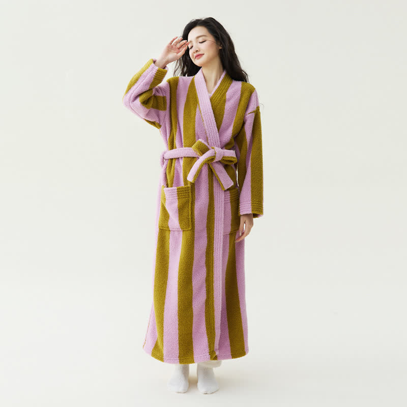Contrast Stripe Plush Warm Robe - Dark Pink - XL - image 0