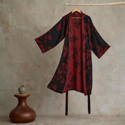 Ownkoti Large Ginkgo Leaf Cotton Kimono Robe - Black & Red - 2XL - image 2