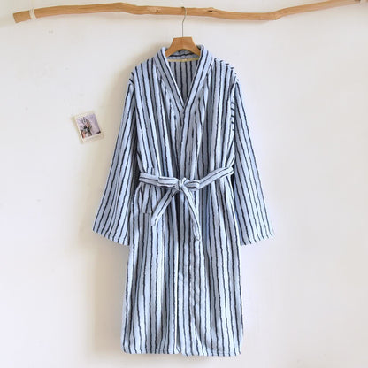 Simple Striped Warm Flannel Bathrobe - Navy Blue - L - image 3
