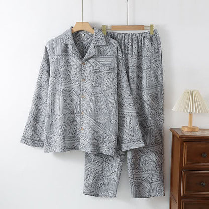 Geometric Pattern Cotton Gauze Loungewear Set - Grey - XXL - image 3