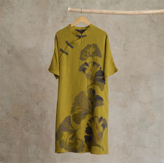 Ginkgo Leaf Print Cotton Cheongsam Nightgown - Yellow - L - image 0