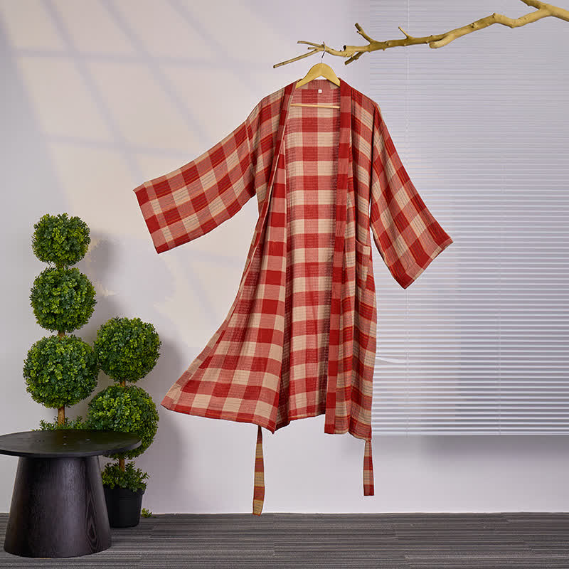 Ownkoti Classic Plaid Cotton Gauze Kimono Robe - Red - XXL - image 1