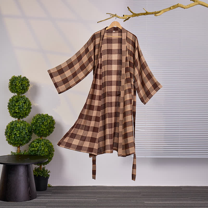 Classic Plaid Cotton Gauze Kimono Robe - Coffee - XXL - image 5
