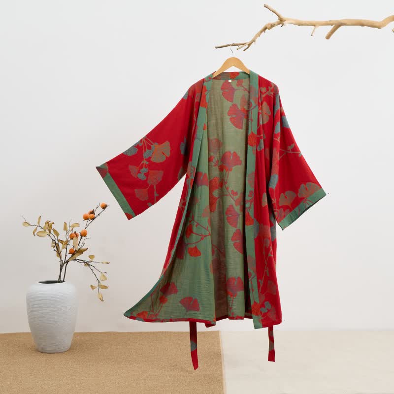 Ginkgo Leaf Organic Cotton Kimono Robe - Red & Green - 2XL - image 13