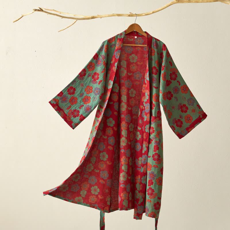 Plum Blossom Cotton Gauze Kimono Robe - Green - XL - image 10