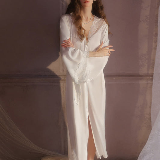 Solid Color Sexy Lace Bathrobe - White - XL - image 0