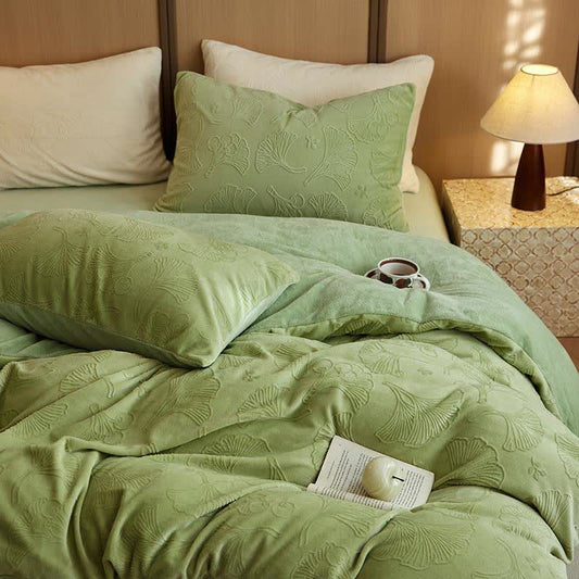 Ginkgo Floral Embossed Fleece Bedding Set(4PCS) - image 1