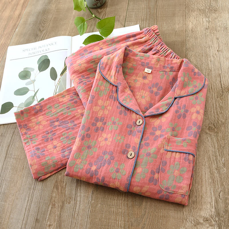 Cotton Gauze Long Sleeves Pajama Set - Pink - 2XL - image 2