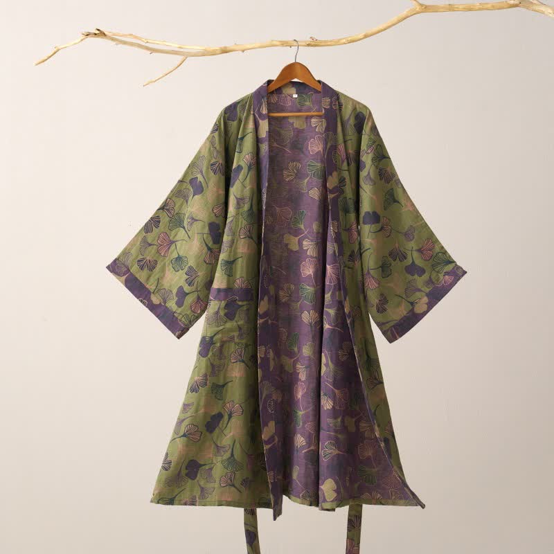 Ginkgo Biloba Cotton Gauze Kimono Robe - Green & Purple - 2XL - image 27