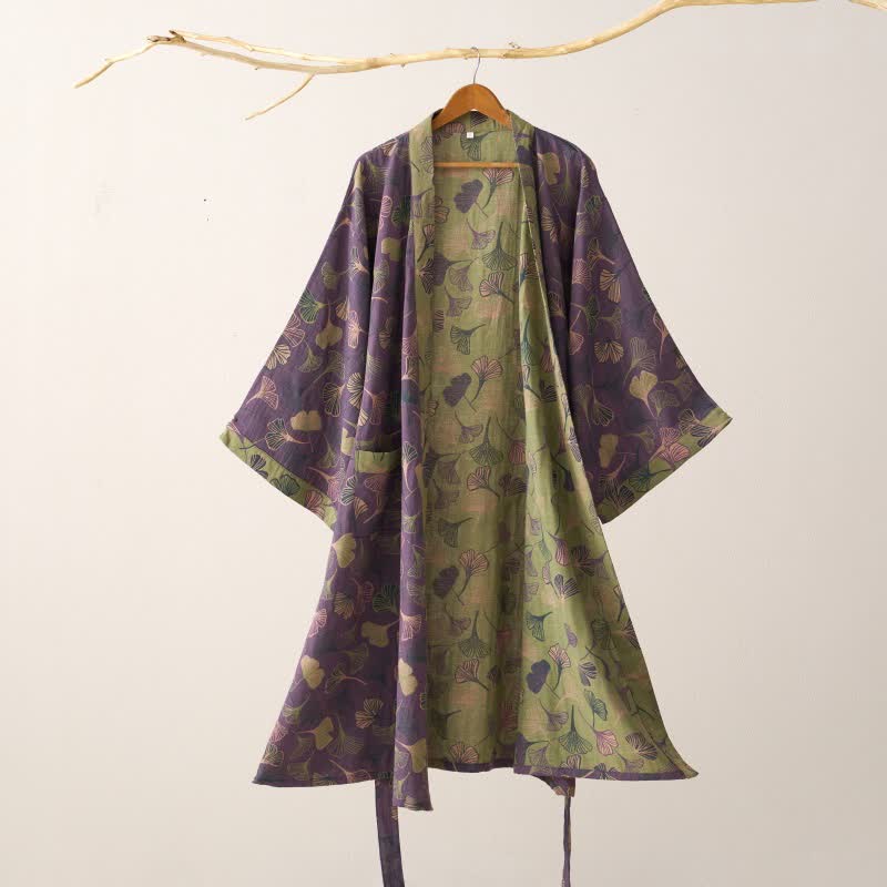 Ginkgo Biloba Cotton Gauze Kimono Robe - Purple & Green - 2XL - image 23