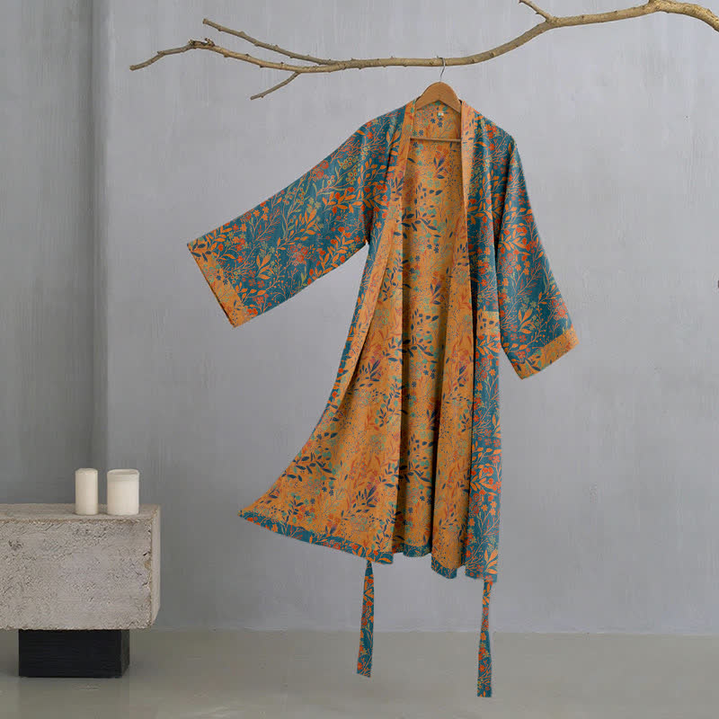 Vintage Leaf Cotton Gauze Kimono Robe - Blue & Orange - XL - image 0