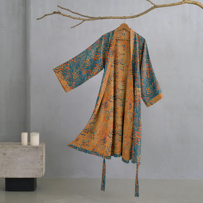 Vintage Leaf Cotton Gauze Kimono Robe - Blue & Orange - XL - image 0