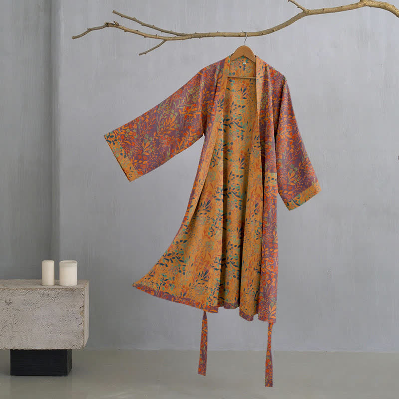 Vintage Leaf Cotton Gauze Kimono Robe - Grey & Orange - XL - image 11