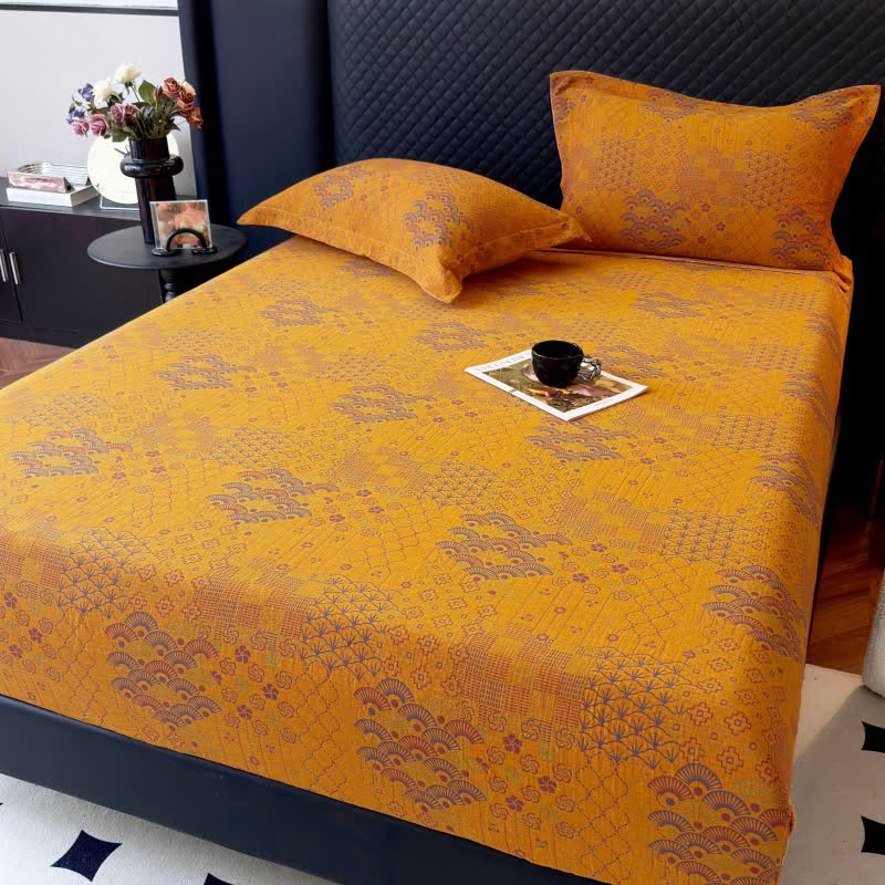 Retro Fan Pattern Cotton Fitted Sheet - Yellow - Fitted Sheet with 2PCS Pillowcases - Queen - image 3