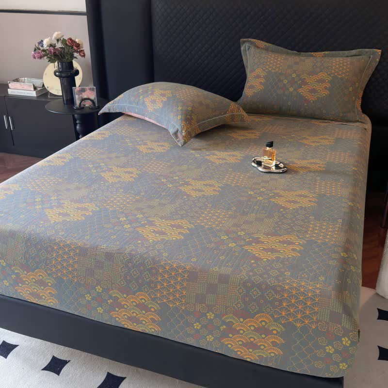 Retro Fan Pattern Cotton Fitted Sheet - Grey Green - Fitted Sheet with 2PCS Pillowcases - Queen - image 0