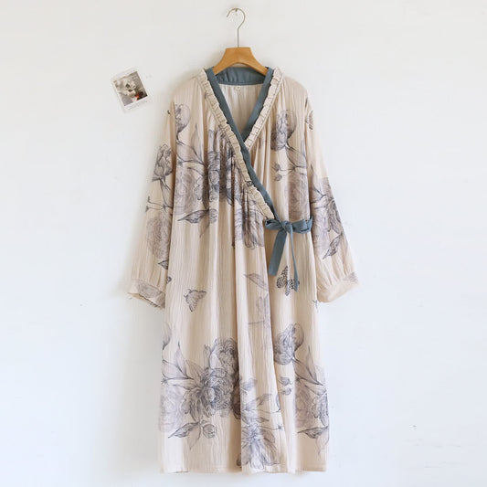 Oriental Butterfly Floral Cotton Gauze Nightdress - XL - image 1
