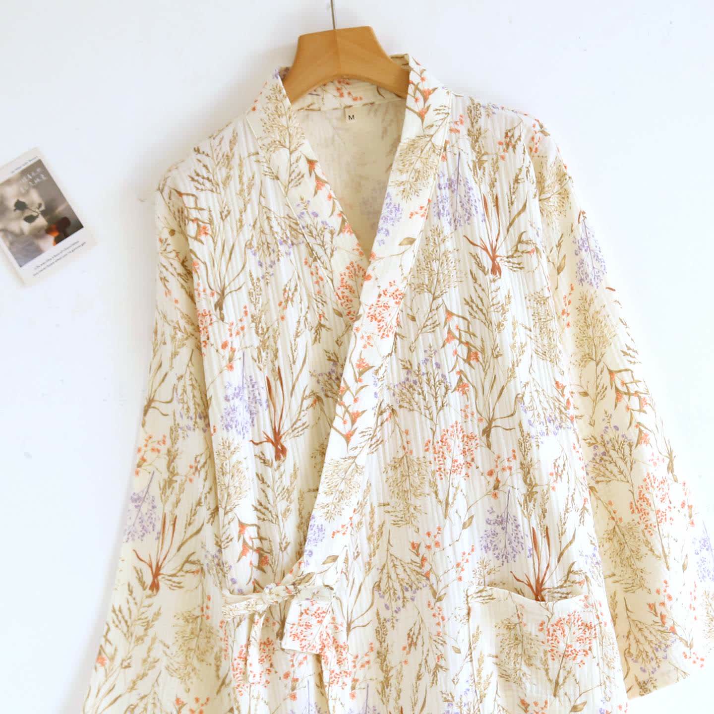 Muted Floral Cotton Gauze Kimono Bathrobe - image 3