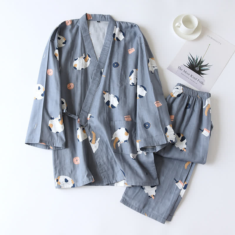 Matching Cat Kimono Cotton Gauze Loungewear - Dark Blue - Men - XL - image 14