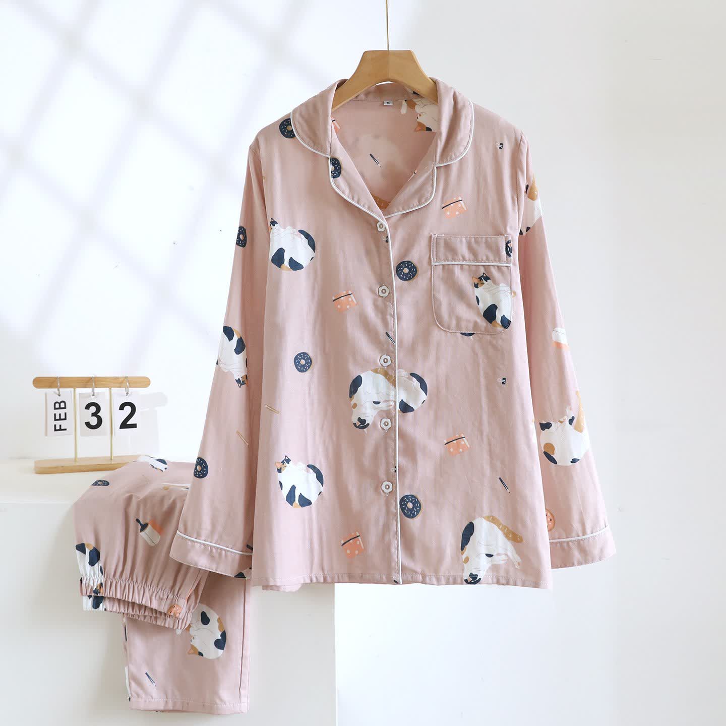 Matching Cartoon Cat Cotton Loungewear Set - Pink - Women - XL - image 4