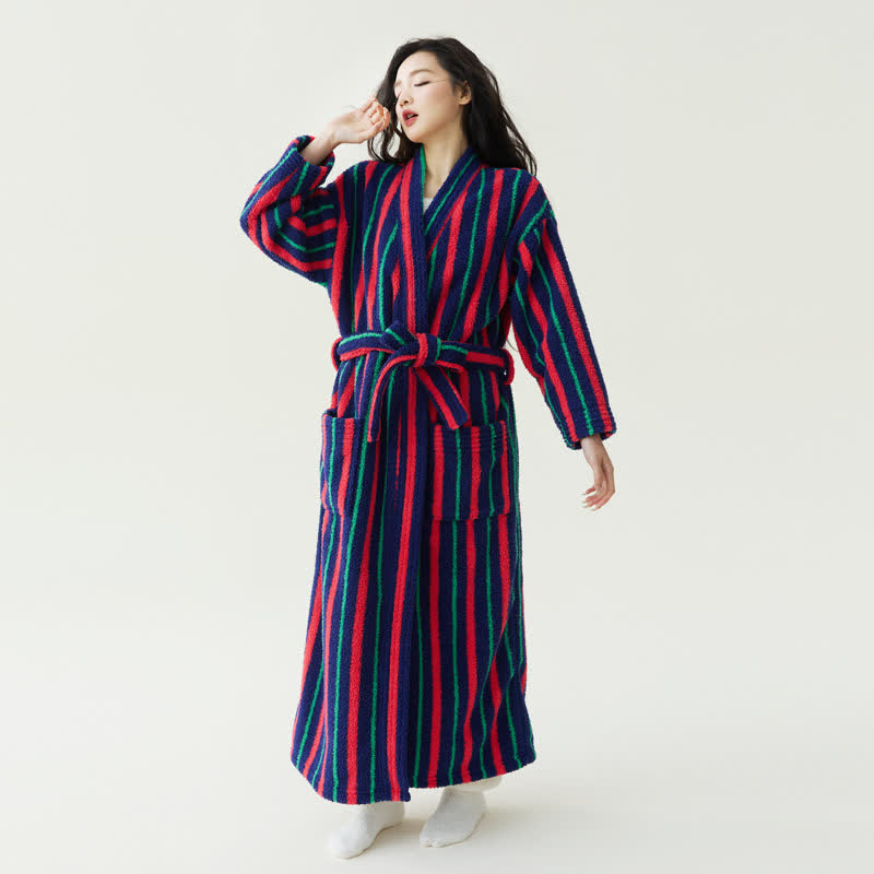 Color Block Striped Plush Robe - Red - XL - image 0