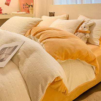 Ownkoti Plaid Textured Plush Bedding Set(4PCS) - White & Orange - King - image 0