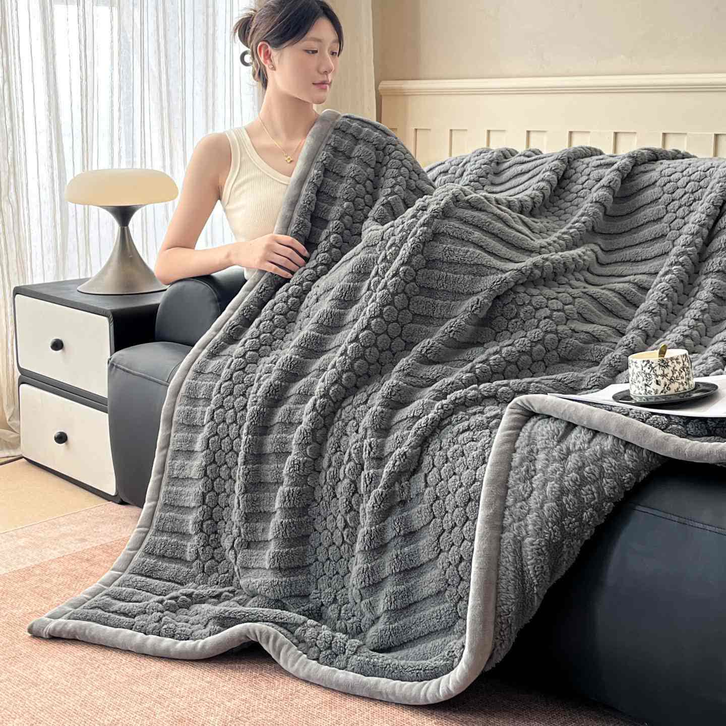 Ownkoti Geometric textured Plush Throw Blanket - Dark Gray - Queen - image 6