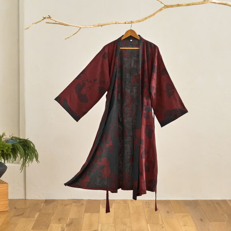 Ownkoti Large Ginkgo Leaf Cotton Kimono Robe - Red & Black - 2XL - image 13