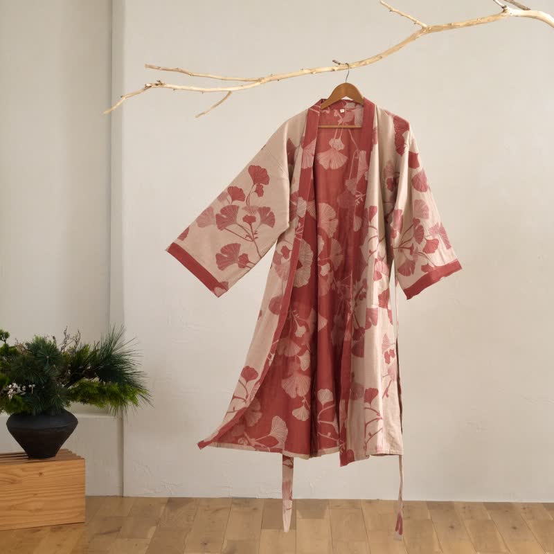 Ownkoti Large Ginkgo Leaf Cotton Kimono Robe - Nude & Red - 2XL - image 19