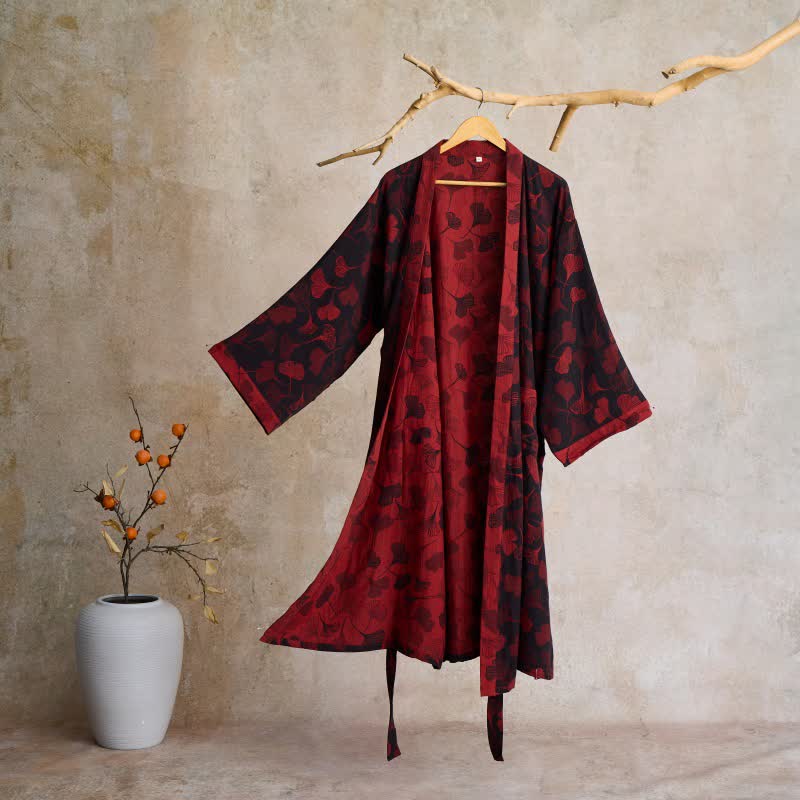 Ginkgo Biloba Cotton Gauze Kimono Robe - Black & Red - 2XL - image 34