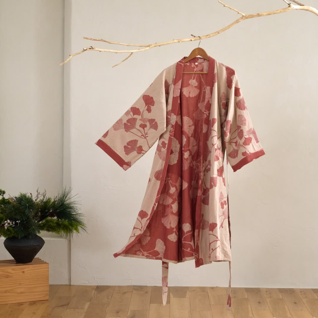 Ownkoti Large Ginkgo Leaf Cotton Kimono Robe - Nude & Red - 2XL - image 17